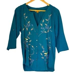 APRIL Cornell Embroidered Blue Top 3/4 Sleeve Womens Size Small